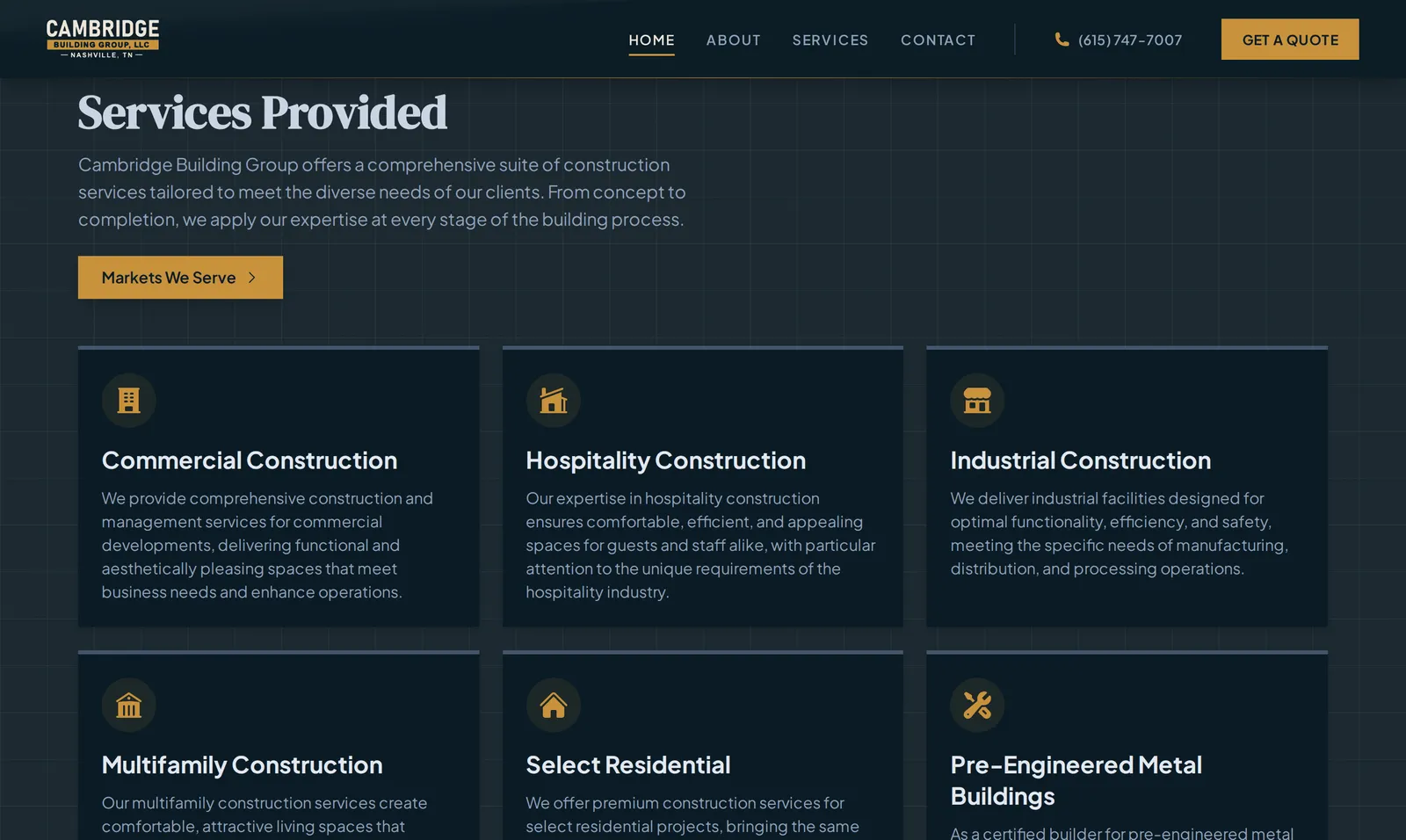 Cambridge Building Group services section — commercial, hospitality, industrial, multifamily, select residential, and pre-engineered metal buildings