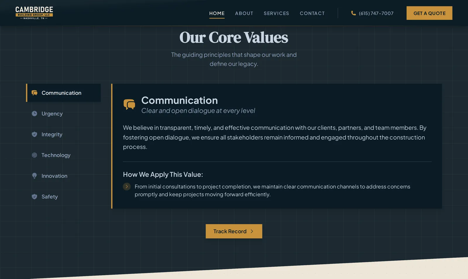 The Cambridge Building Group core-values section — Communication, Urgency, Integrity, Technology, Innovation, and Safety in a tabbed navy-and-gold layout