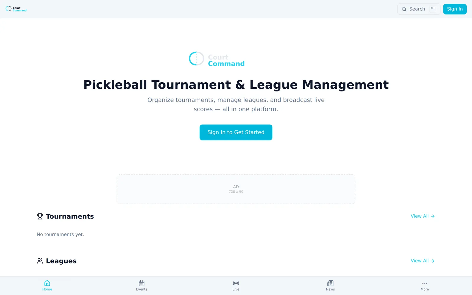 CourtCommand homepage — "Pickleball Tournament & League Management" with tournaments, leagues, and venues
