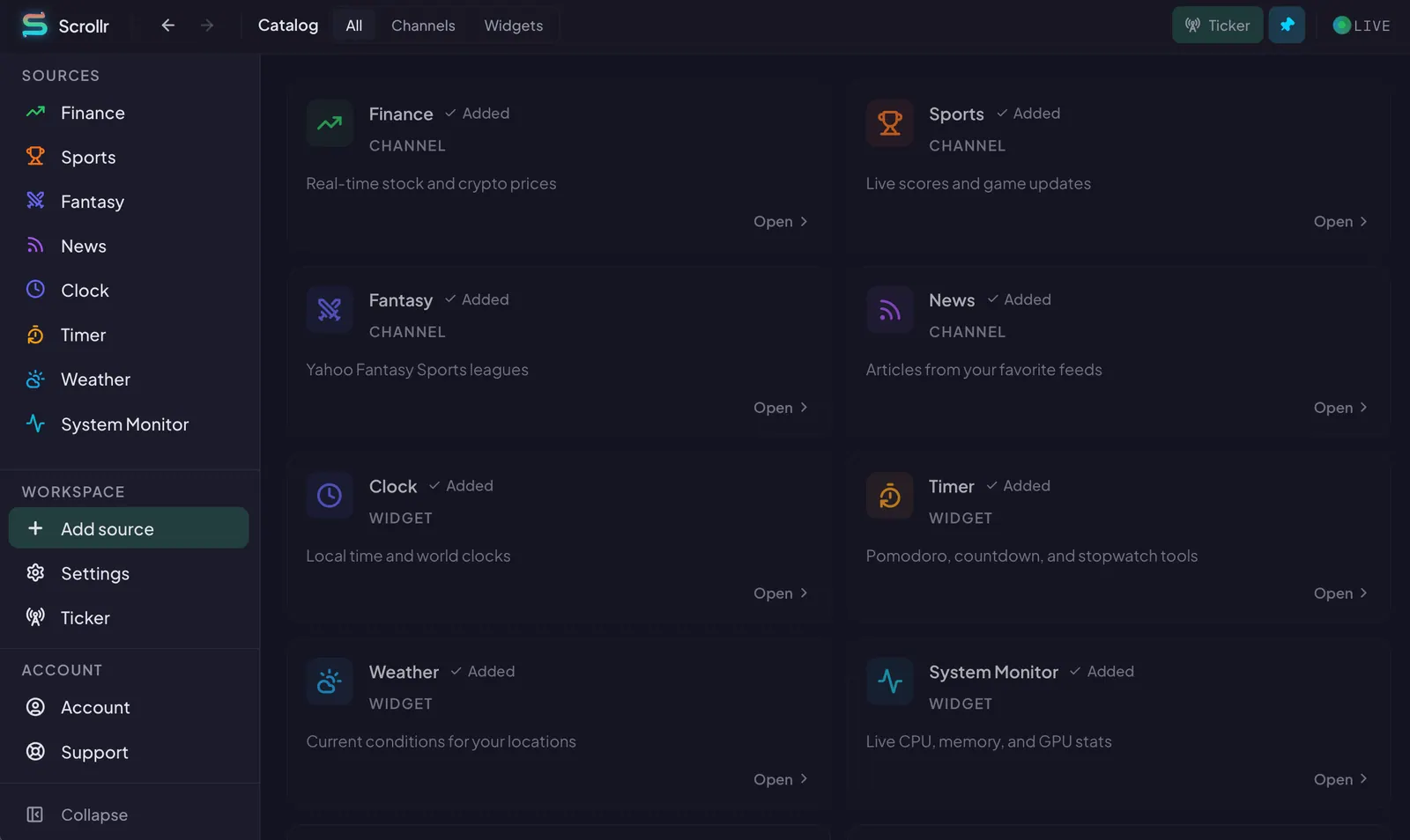 Scrollr source catalog showing Finance, Sports, Fantasy, News, Clock, and Weather as added channels alongside available widgets for System Monitor, Uptime, and GitHub