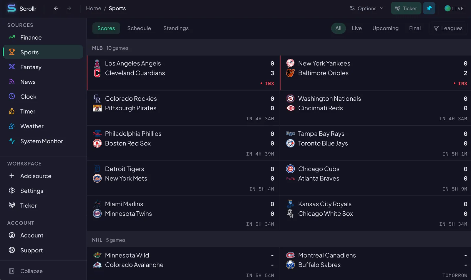 Scrollr desktop app showing live MLB scores with team logos, status pills, and tabs for Schedule and Standings