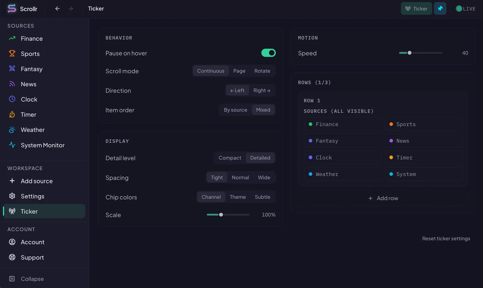 Scrollr ticker settings panel with controls for edge position, scroll speed, row count, and per-row channel assignment