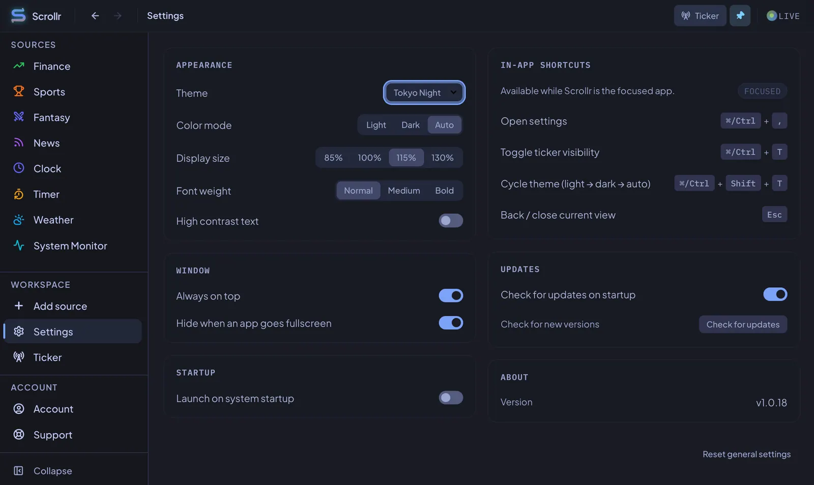Scrollr settings panel rendered in the Tokyo Night dark theme