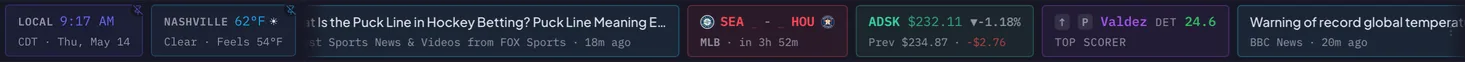 Scrollr ticker strip showing sports, finance, news, and fantasy together in detailed density