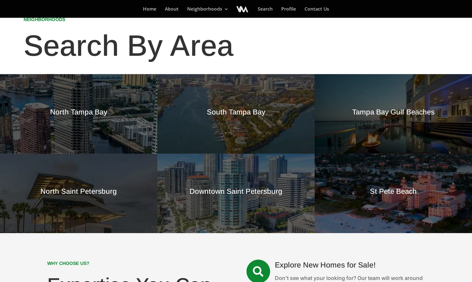 VM Homes "Search By Area" — North and South Tampa Bay, the Gulf beaches, North and downtown St. Petersburg, and St. Pete Beach