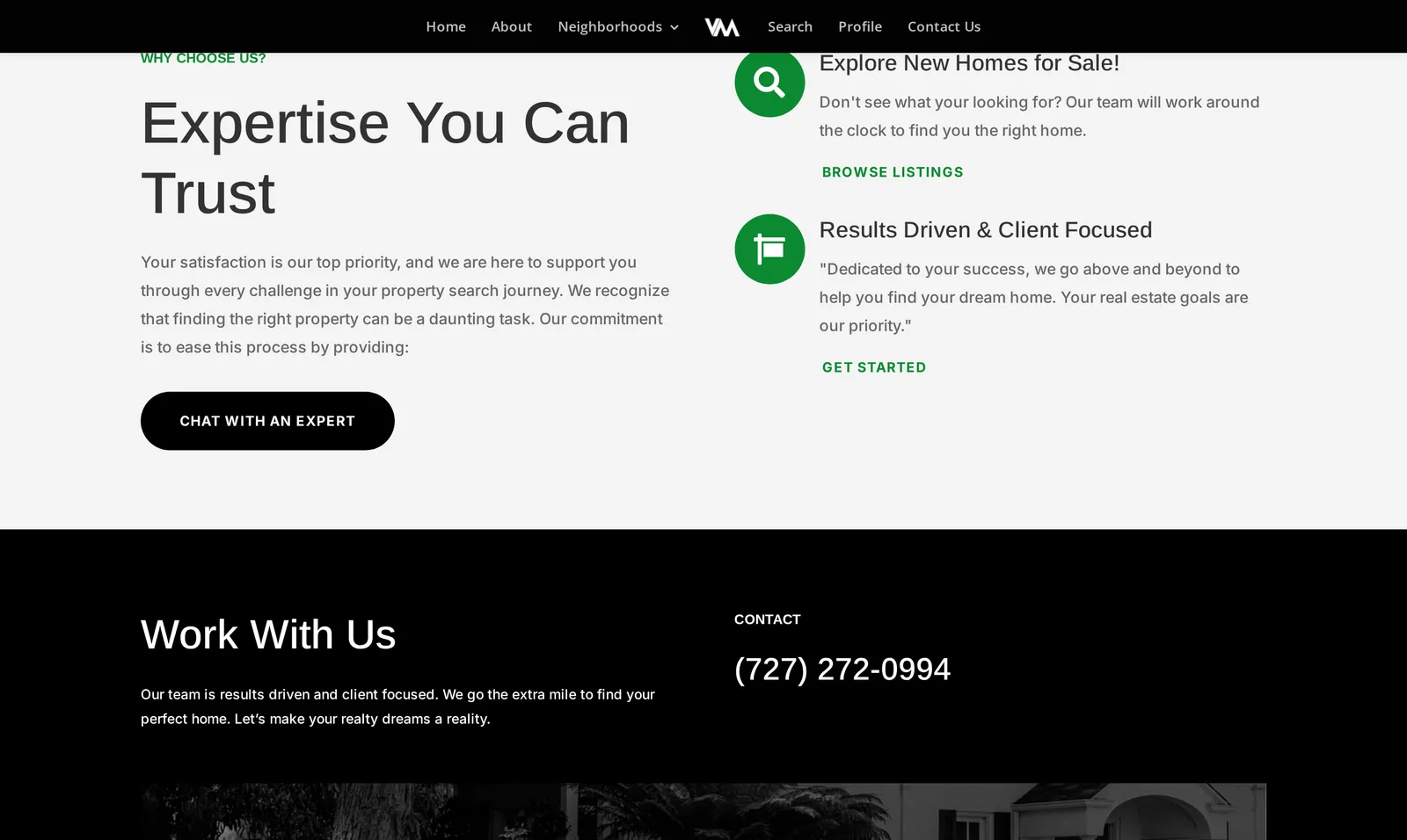 VM Homes "Expertise You Can Trust" section, with a chat-with-an-expert call to action