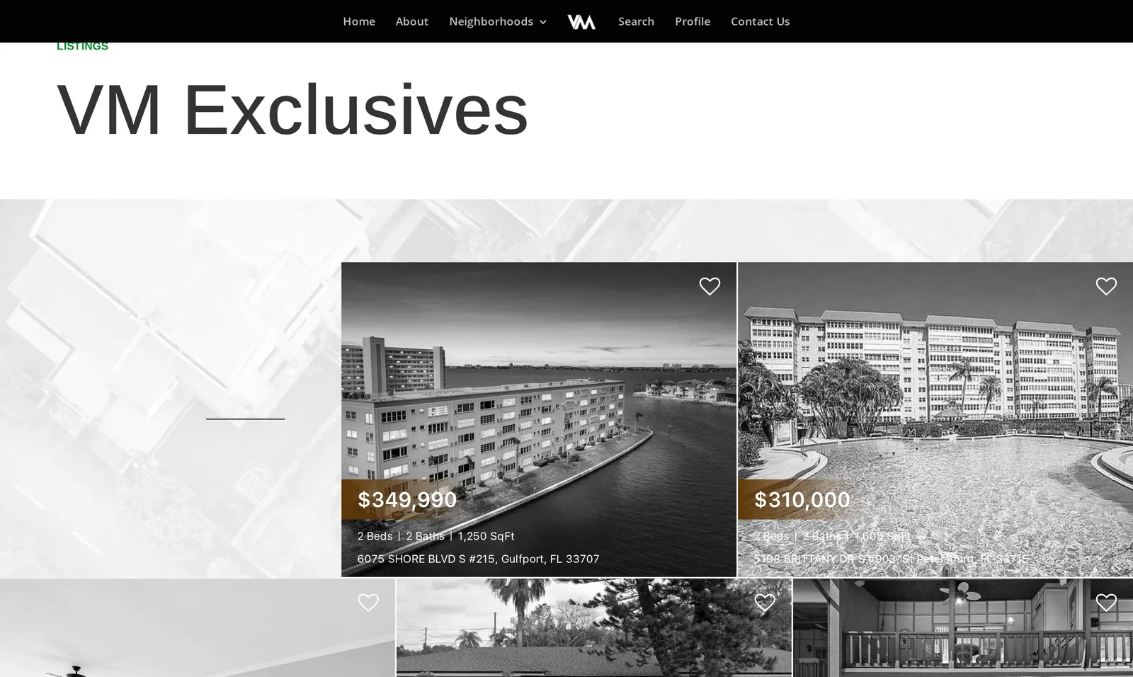 VM Homes "VM Exclusives" listings — Tampa Bay properties with photos, prices, and bed/bath/square-footage details